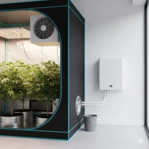 Energy-efficient mini split system used as a dedicated grow tent air conditioner.