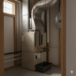 Mobile home furnace and AC evaporator coil system, part of a split air conditioning setup for cooling.