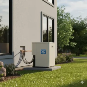 Close-up view of the branded outdoor cabinet of a natural gas air conditioner unit.