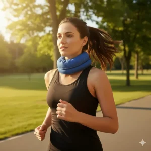 An athlete wearing a cooling neck wrap while jogging outdoors to prevent overheating during a workout.
