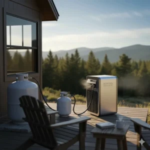 Complete off-grid setup showing a propane air conditioner connected to a large external propane tank near a cabin or RV.