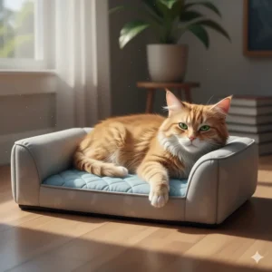 An orthopedic memory foam cooling cat bed with a bolster, providing both joint support and a cool surface for a senior cat.