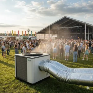 Outdoor air conditioner for events providing cool, refreshing air at a summer festival.