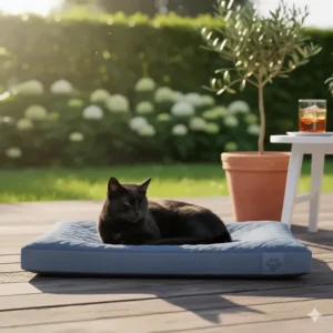 A waterproof, durable cooling cat bed placed on a patio or balcony, suitable for both indoor and outdoor cat relaxation.