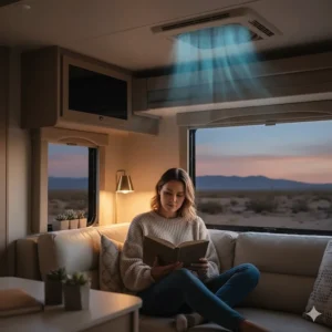 A peaceful interior view of an RV where a person is comfortably reading, demonstrating the quiet operation of the AC unit.
