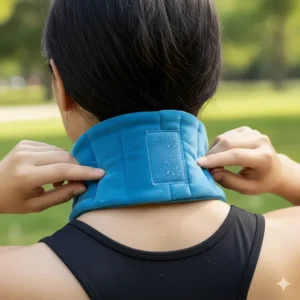 Close-up showing a cooling neck wrap correctly positioned around the back of the neck for maximum relief.