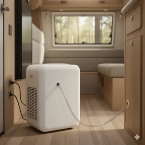 A small drainage hose attached to a portable air conditioner managing condensation and directing water out of the RV.