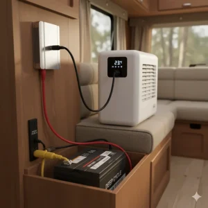Illustrating how a portable air conditioner is connected to an RV's auxiliary battery or shore power for operation.