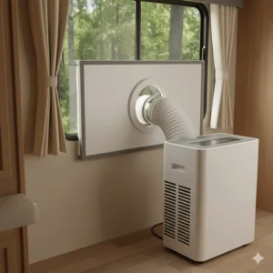 A detailed look at a universal window venting kit used to seal and exhaust a portable air conditioner in an RV window.