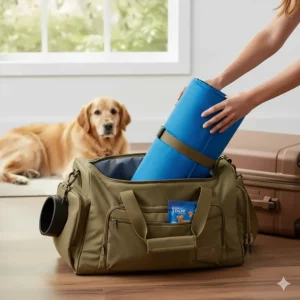 A rolled-up, portable cooling mat being packed into a bag for large dog travel.