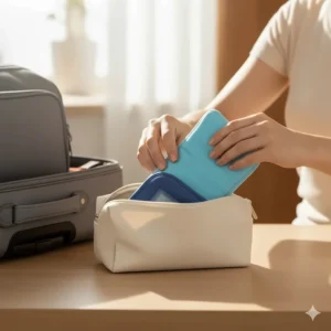 The compact and portable design of a cooling neck wrap, easily fitting into a small travel bag.