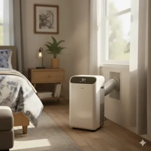 Compact portable air conditioner unit with exhaust hose venting through a window in a mobile home bedroom.