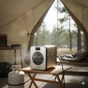 Small, portable propane air conditioner unit suitable for use in tents, small workshops, or temporary outdoor shelters.