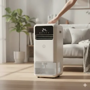 Close-up of a small, portable water-cooled air conditioner showing its casters and handle, emphasizing easy movement between rooms.