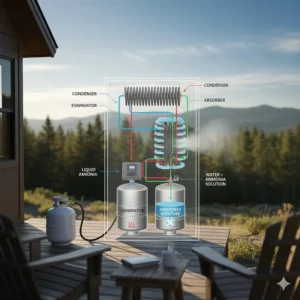 Schematic diagram illustrating the internal workings and absorption cycle of a propane air conditioner for cooling.