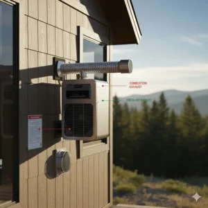Proper exhaust and ventilation setup for a direct-vent propane air conditioner to ensure safe operation.
