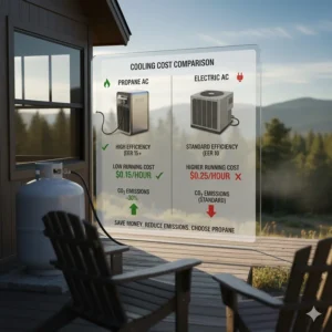 Infographic comparing the energy efficiency and running costs of a propane air conditioner versus a standard electric unit.