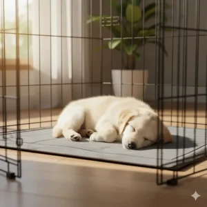 A small puppy peacefully napping on a gray cooling mat inside a kennel.