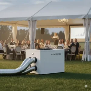 Quiet outdoor air conditioner for events ensuring climate comfort without disrupting speeches or performances.