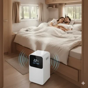 A portable air conditioner unit running quietly near the sleeping area in an RV bedroom setup.