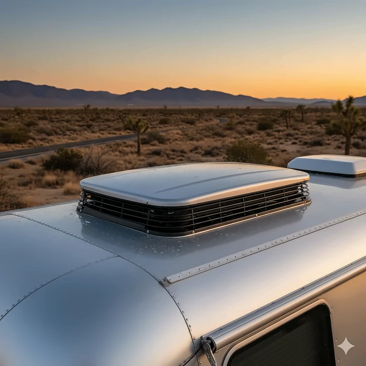 A shot of a sleek, low-profile quiet RV air conditioner unit installed on the roof of a motorhome, emphasizing its modern design and minimal noise footprint.