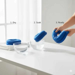 Step-by-step graphic showing how to re-soak or recharge a cooling neck wrap when it starts to dry out.