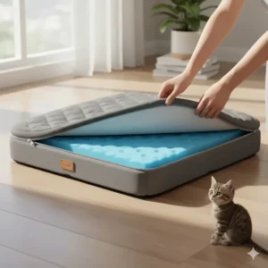 A picture showing a removable, machine-washable cover being taken off a cooling cat bed for easy cleaning and maintenance.