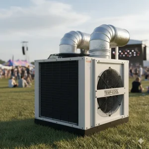 Close-up of a rental AC unit specifically designed as an outdoor air conditioner for events or large gatherings.