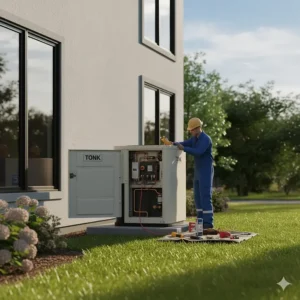 HVAC technician performing routine maintenance and inspection on a residential gas air conditioner.