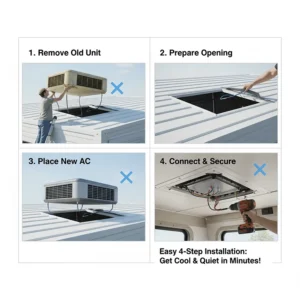 A step-by-step diagram illustrating the easy or simple installation process for a replacement quiet RV air conditioner.