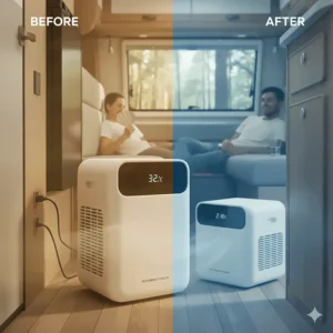 A split image showing the RV interior temperature difference before and after running the portable air conditioner.