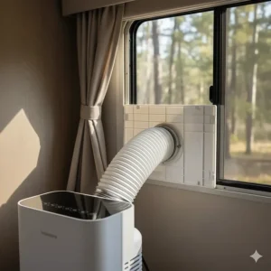 Close-up showing the proper exhaust ventilation setup for a portable air conditioner inside an RV window.