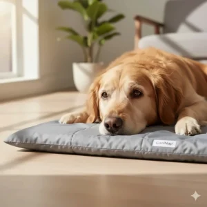 A senior dog resting its head on a large cooling pad for heat relief and joint comfort.