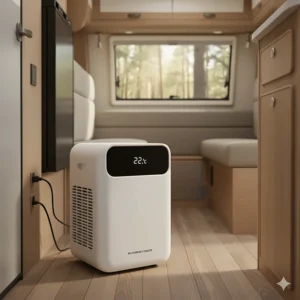 A small, lightweight portable air conditioner model specifically designed for use in a compact RV or camper van.