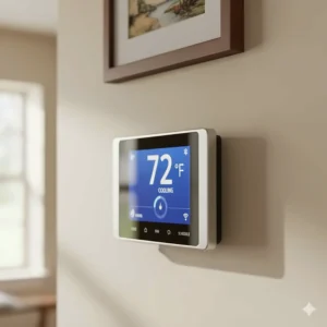 A smart digital thermostat used to control the home's primary attic air conditioner system.