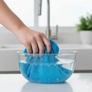 Hand soaking a specialized cooling towel in a bowl of cold water before wringing it out for the dog.