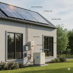 Diagram showing how a solar thermal system can be integrated to boost the efficiency of a gas air conditioner.