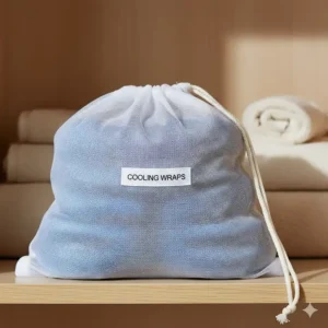 Neatly folded cooling neck wraps placed in a breathable storage bag ready for long-term storage.