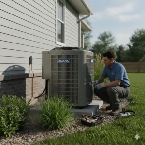 A professional HVAC technician installing the condenser unit for a new Amana central air conditioner.
