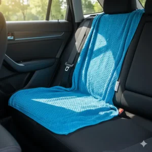 A cooling towel for dogs laid out on a car seat or crate floor to provide a cool resting spot during transit.