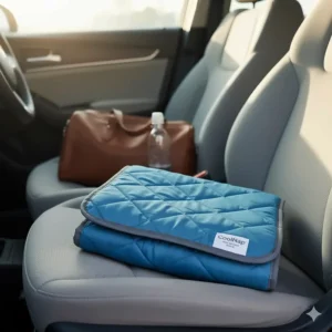 Compact, folded travel dog cool blanket placed on a car seat for a long trip.