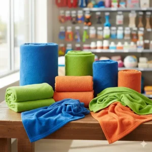 A display of different sizes and colors of cooling towels for dogs to show variety and choice.