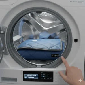 Close-up of a washing machine with a dog cool blanket inside, highlighting its easy-care nature.