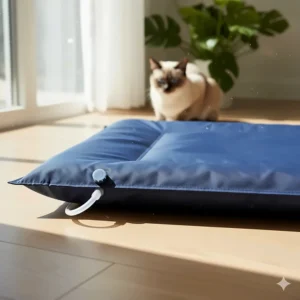 Side view of a durable, water-activated cooling cat bed mattress, highlighting its heat-absorbing technology.