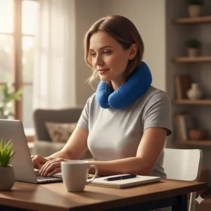 A woman comfortably wearing a cooling neck wrap while working at a desk inside her home.
