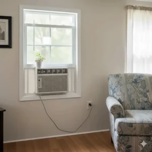 Affordable window air conditioner installed in a mobile home's living room window for single-room cooling.