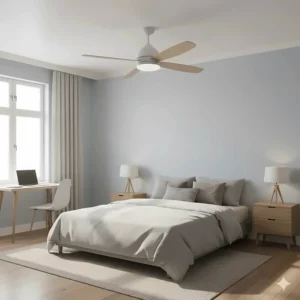 Illustration of a 42-inch ceiling fan properly sized and operating in a small bedroom or office space.