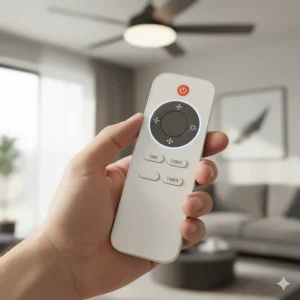 Hand holding a remote control used to adjust the settings on a 42 inch smart ceiling fan.