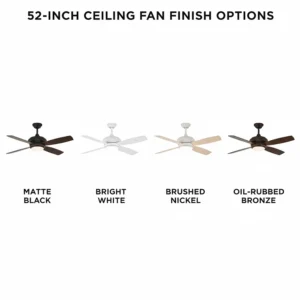 Comparison of different finish options for the 52-inch ceiling fan, including bronze, matte black, and bright white models.