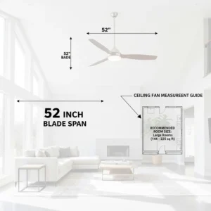 Graphic illustrating the 52-inch blade span measurement of the ceiling fan and recommended room size dimensions.